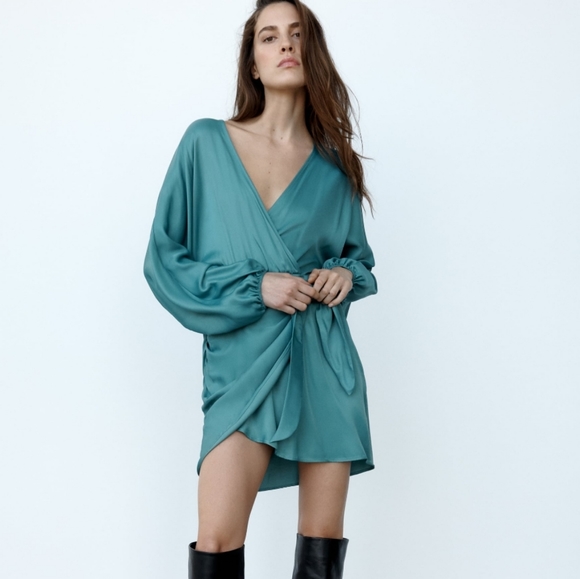 NWT* Zara Satin Effect Wrap Dress Green Mini - Picture 4 of 7